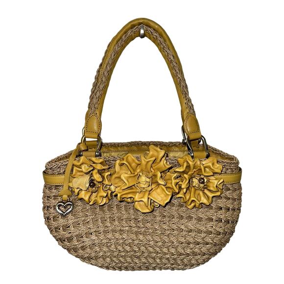 Brighton Straw Yellow Leather Flower Handbag Top Handle Bag Boho Shabby Chic - Picture 1 of 16